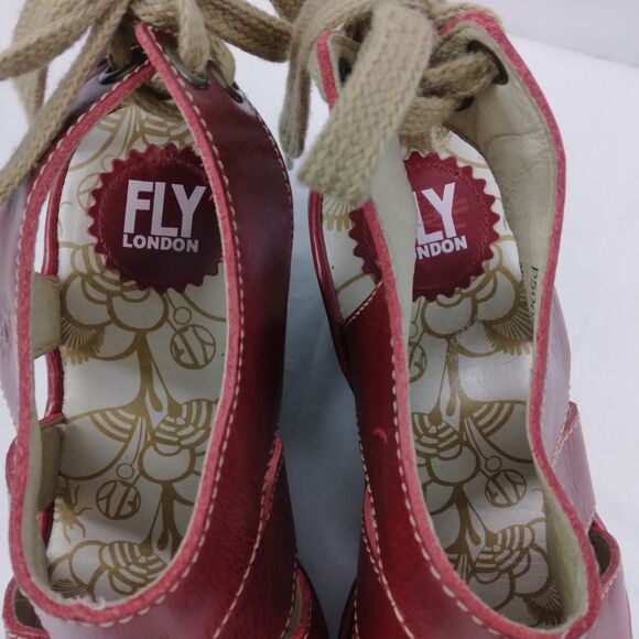 Fly London YOWN Dark Red Wedge Peep Toe Sandals Lace Up  Womens Size 38 US 7.5 8 - Picture 12 of 16